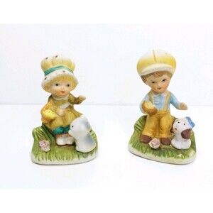 Vintage HOMCO Pair Bisque Porcelain Boy with Dog Girl with Cat Figurine #1430